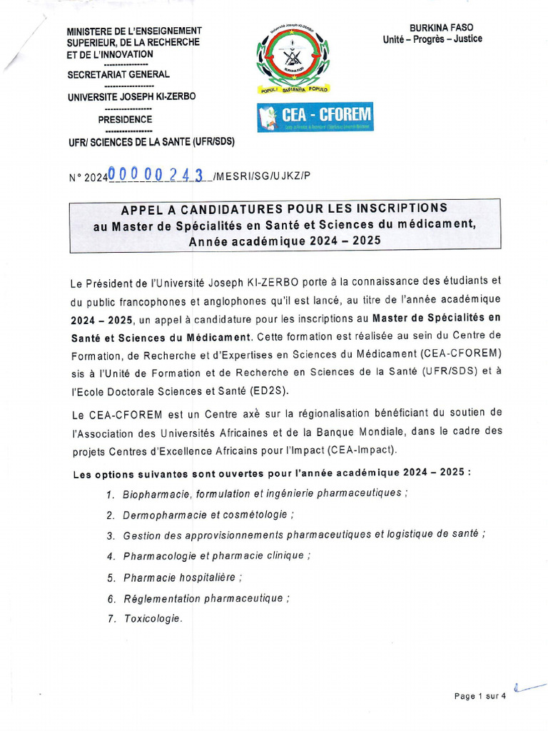 Appel À Candidatures Pour Les Inscriptions Au Master Santé Et Science ...