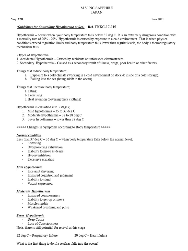 Guidance For Prevention Of Hypothermia June 2021 Download Free Pdf
