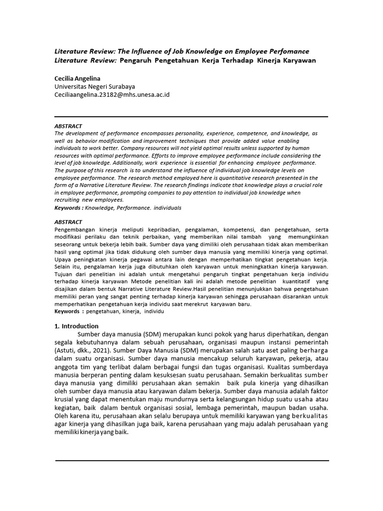 Literature Review: The Influence of Job Knowledge On Employee ...