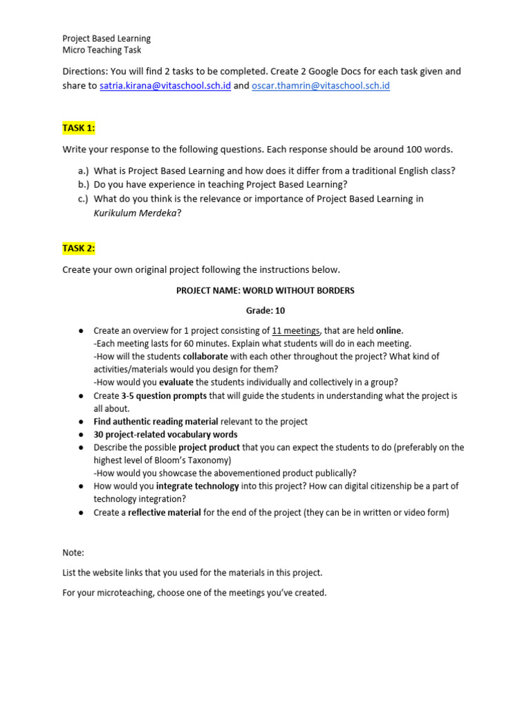 Project based learning task for new teachers pdf