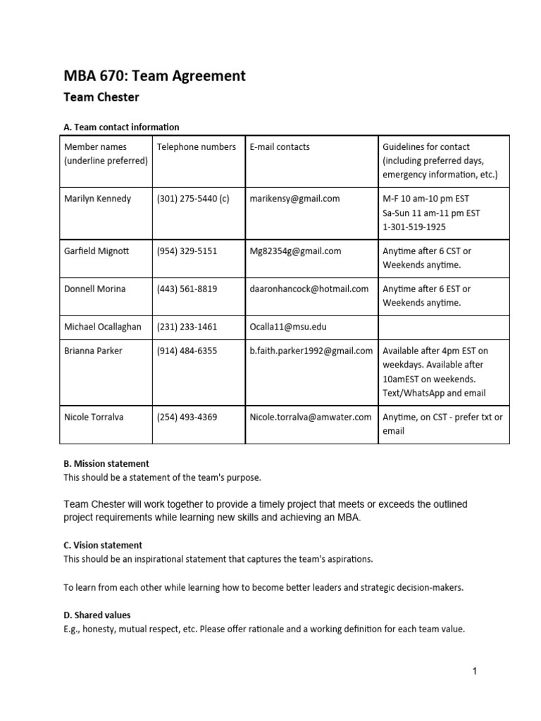 Team - Chester - Project2 - TeamAgreement | PDF | Communication | Goal