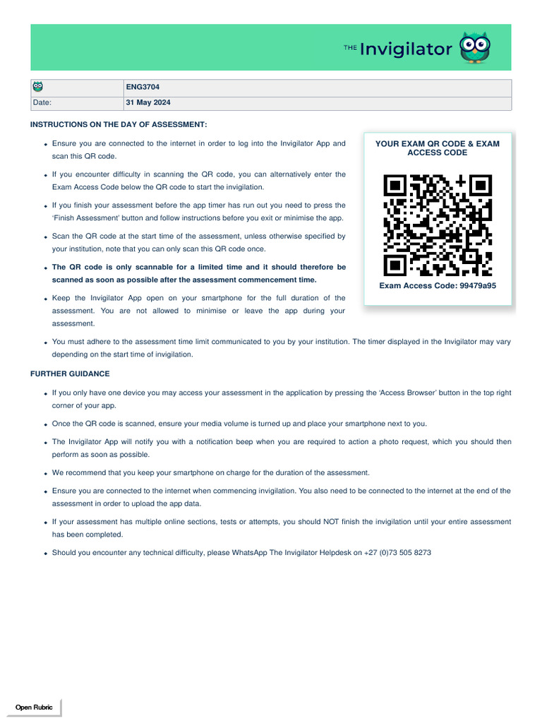 3704 mayjune examination 31 may 2024 with qr code and exam instructions