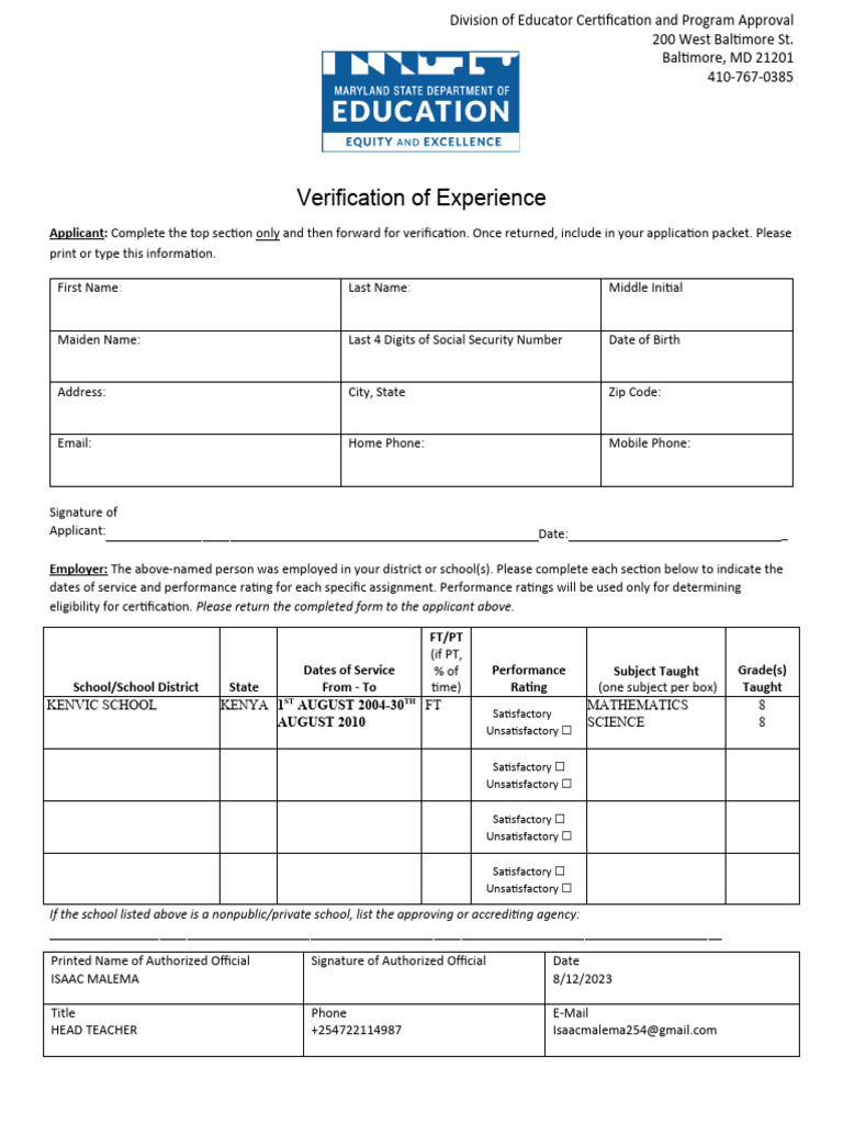 MSDE Experience Verification Form | PDF