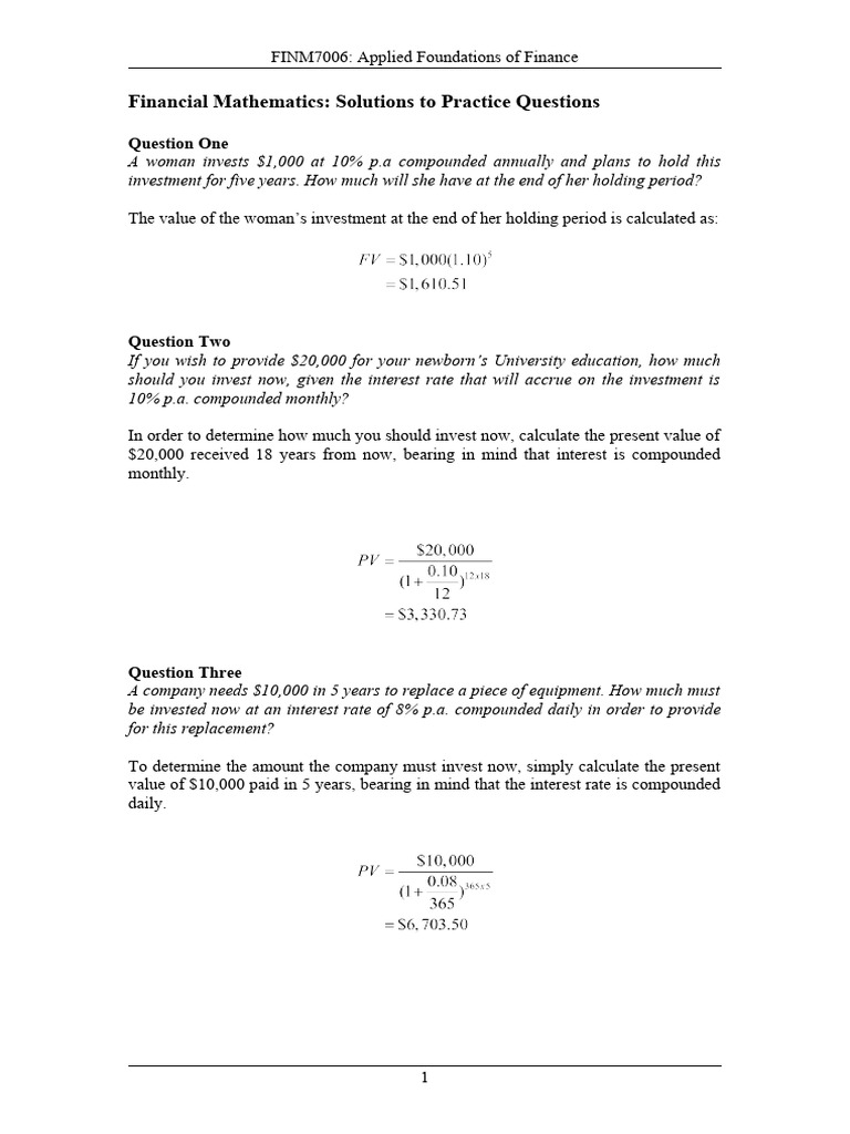 Financial Mathematics Practice Solutions | PDF | Present Value | Interest