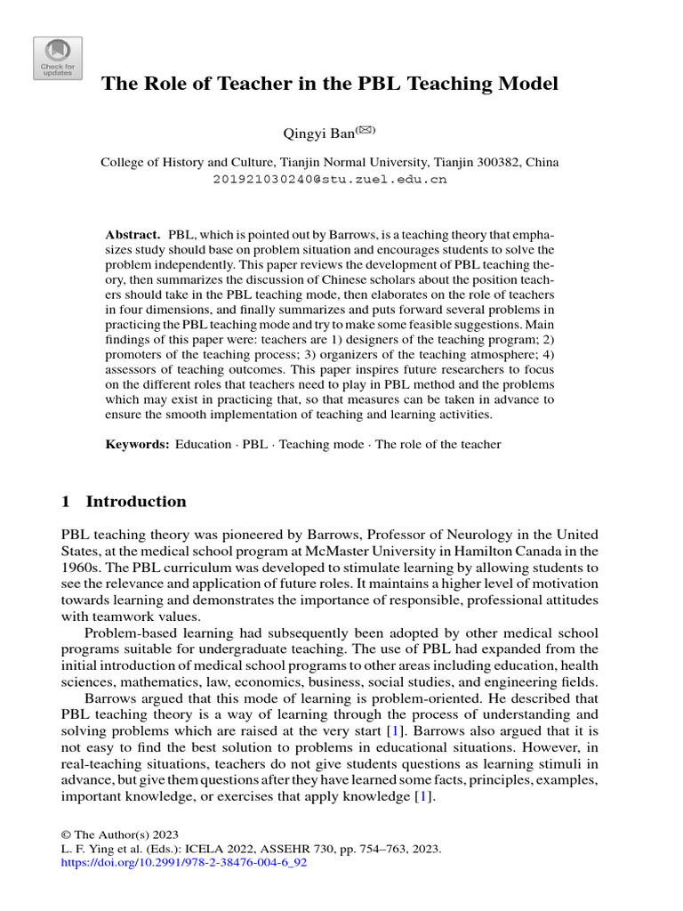 Teacher S Role In Pbl Education Model Pdf Educational Assessment