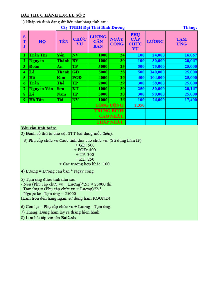 Cac Bai Tap Excel Tu Co Ban Toi Nang Cao | PDF