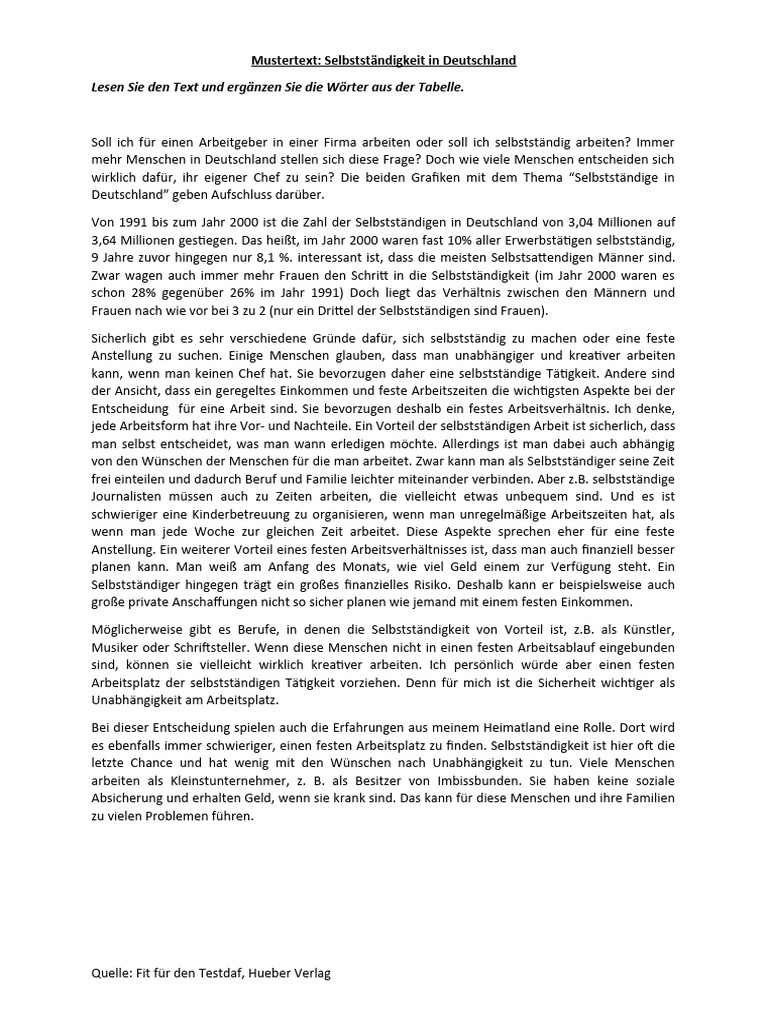 Sa Selbststaendigkeit Mustertext Lösung | PDF