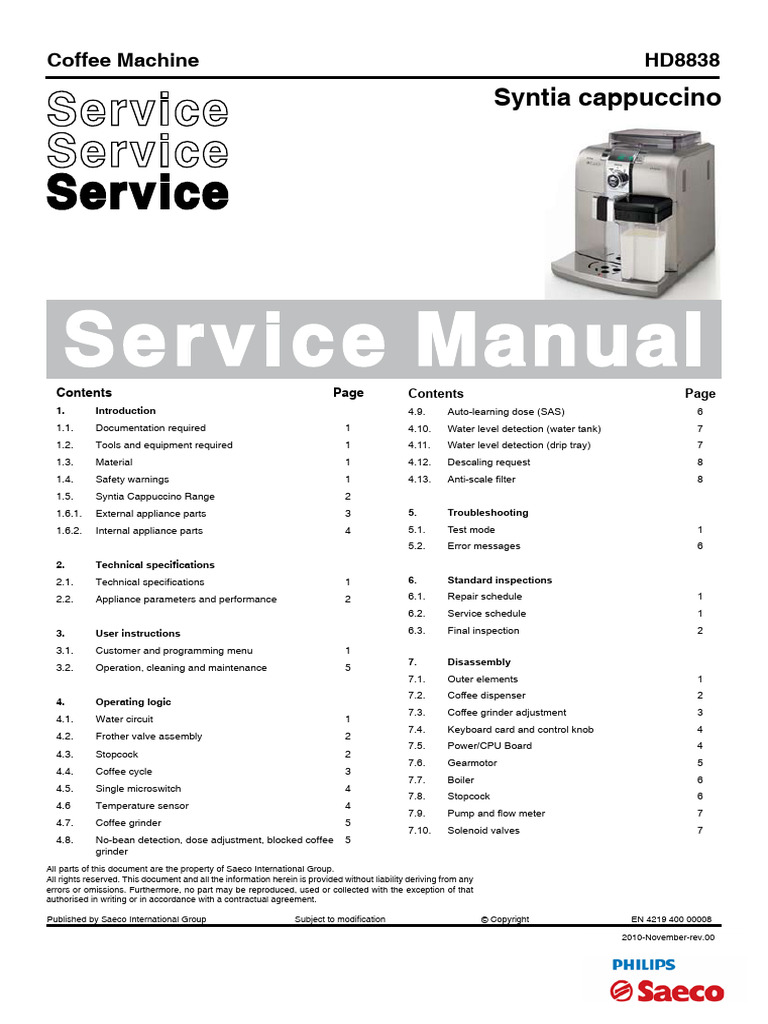Service Manual - HD8838 01 - 2011-07-12 | PDF | Valve | Coffee