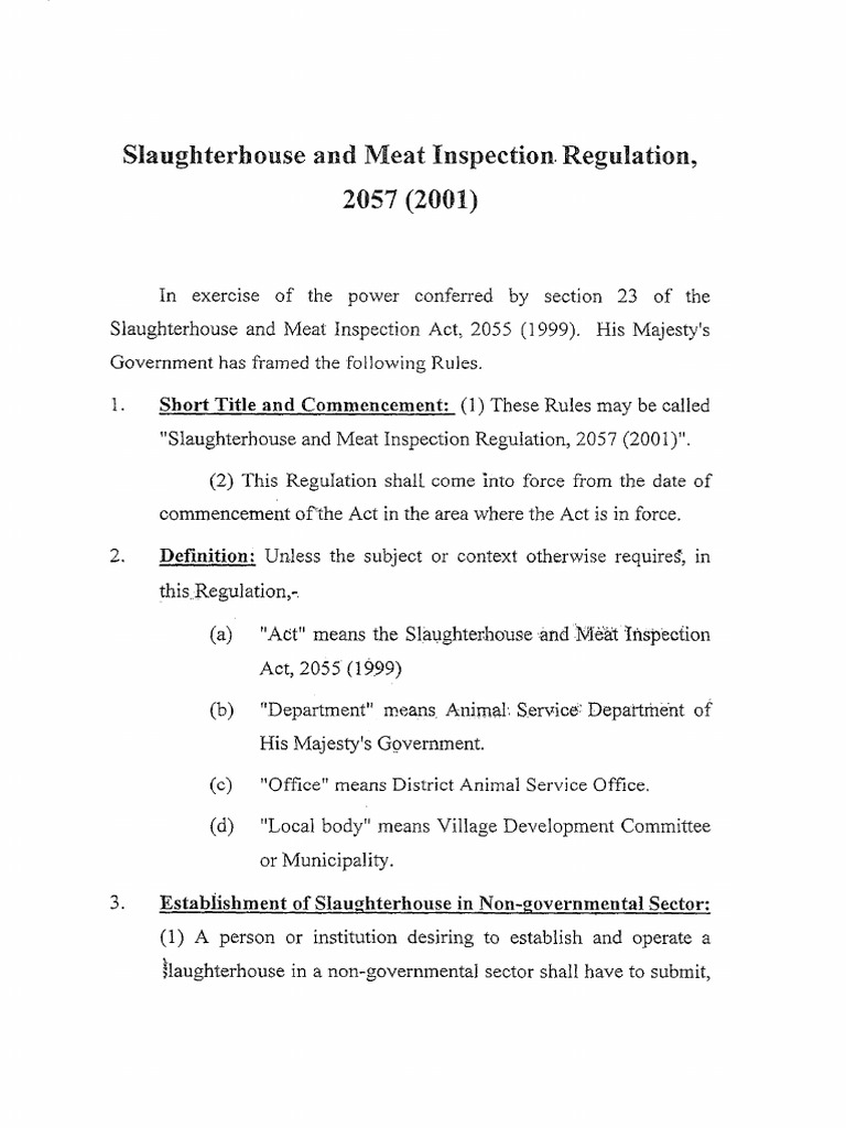 Slaughterhouse Regulations 2057 (2001) | PDF | Slaughterhouse | Meat