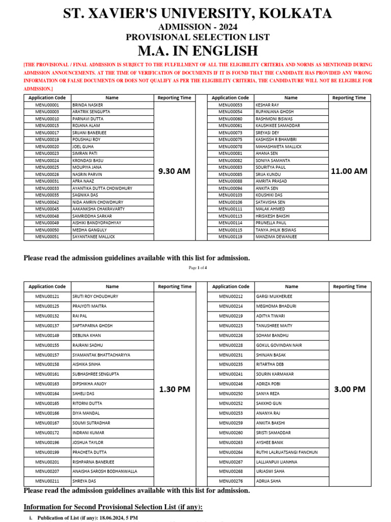 Provisional Selection List