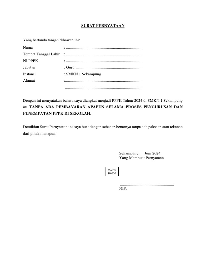 Surat Pernyataan P3k 2024 Pdf