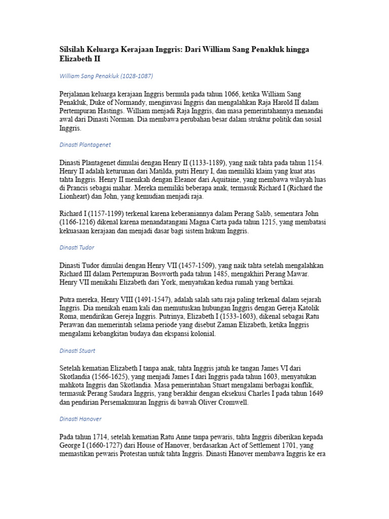 Silsilah Keluarga Kerajaan Inggris Dari William Sang Penakluk hingga