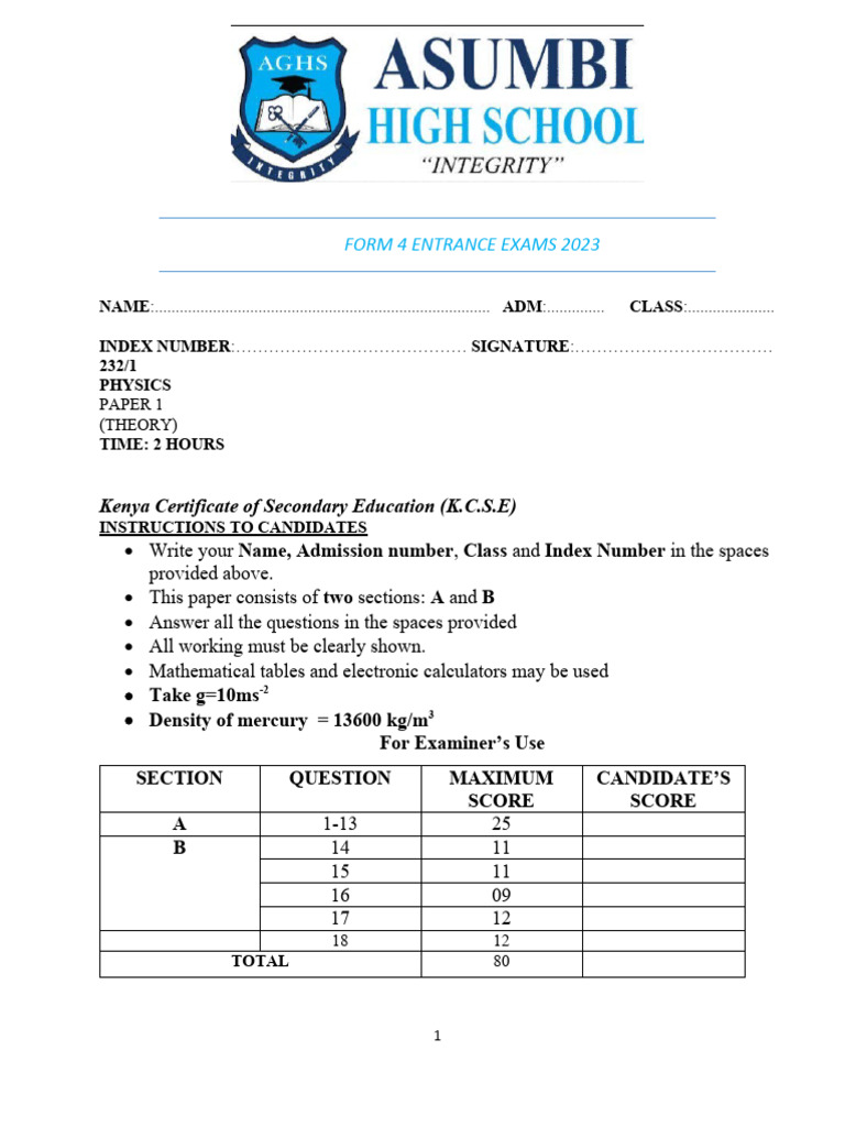 Form 4 Physics Entrance Exam 2023 | PDF | Density | Acceleration