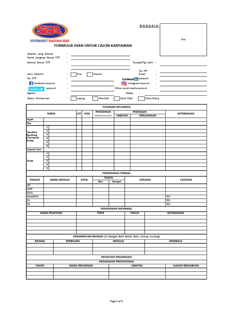 Formulir Lamaran Kerja SBA | PDF
