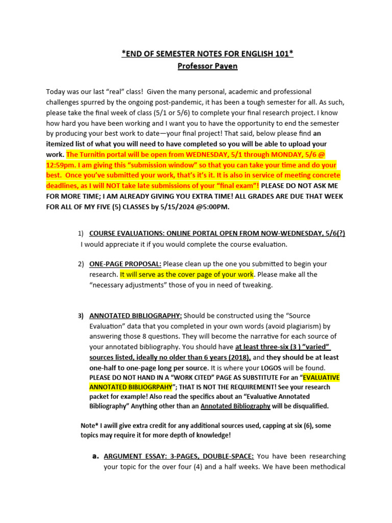 End of Semester Notes For English 101 (2024) | PDF | Essays | Turnitin