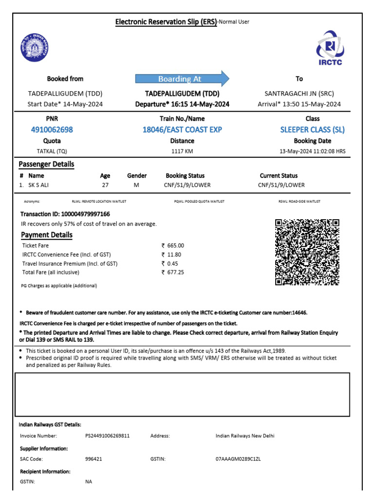 18046 east Coast Exp Sleeper Class SL PDF Identity Document