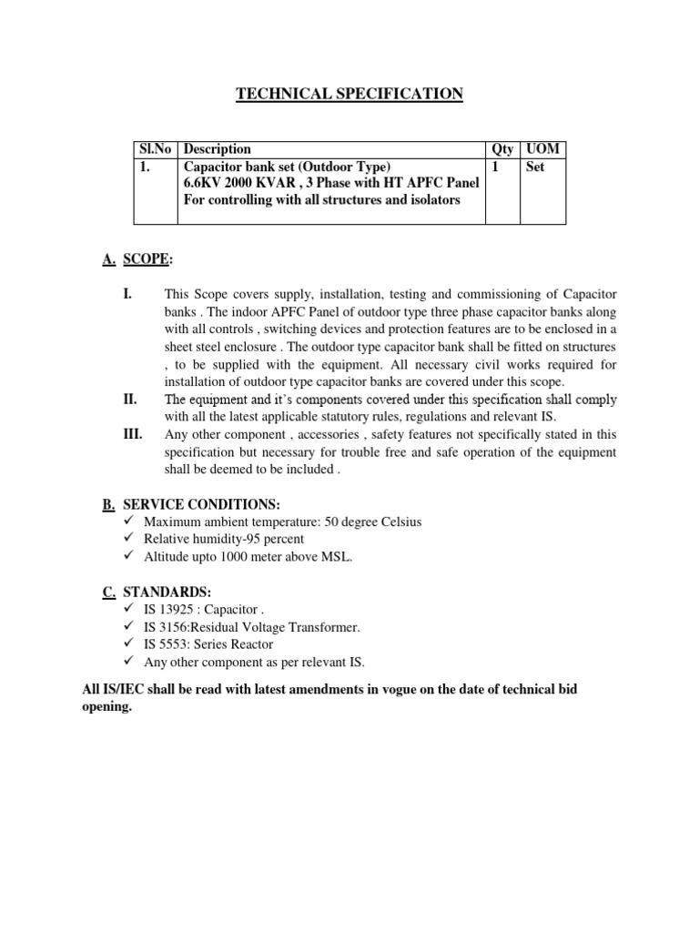 Technical - Specification - APFC Panel | PDF | Capacitor | Physical ...