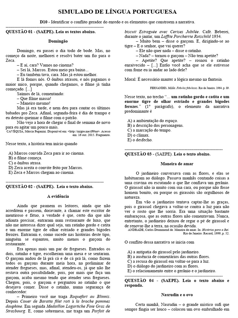 Simulado de Língua Portuguesa D10 | PDF | Amor | Narrativa