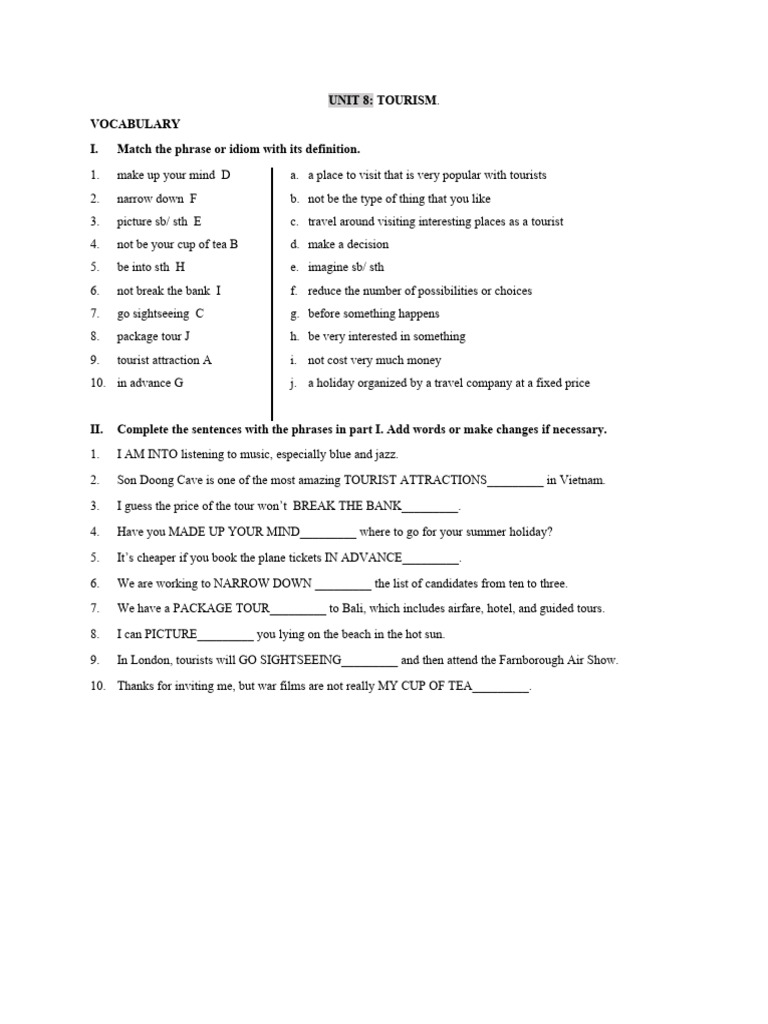 Unit 8: Tourism Vocabulary Guide | PDF | Tourism