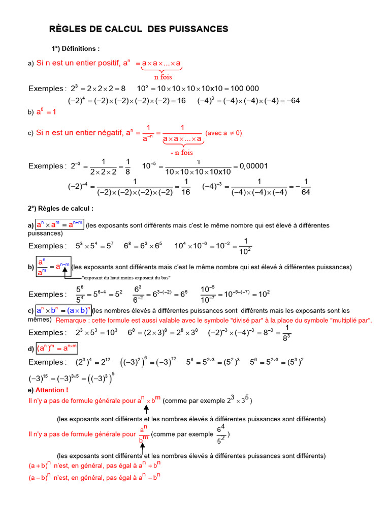 Règles de Calcul des Puissances PDF Entier relatif Mathématiques — free download
