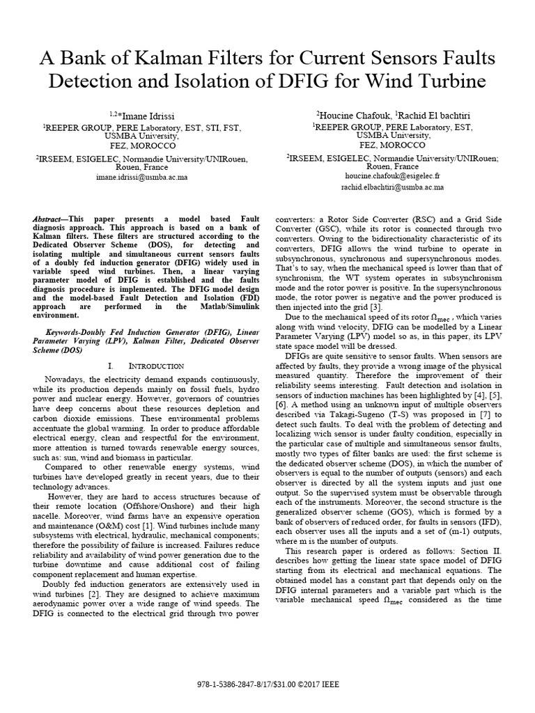 Kalman Filter for DFIG Fault Detection | PDF | Kalman Filter | Wind Power