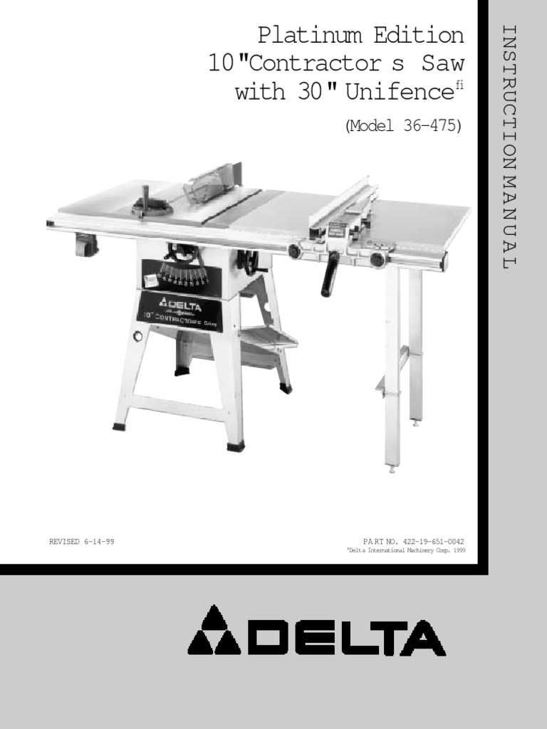Delta 10" Contractor Saw Manual PDF Screw Belt (Mechanical) — free download