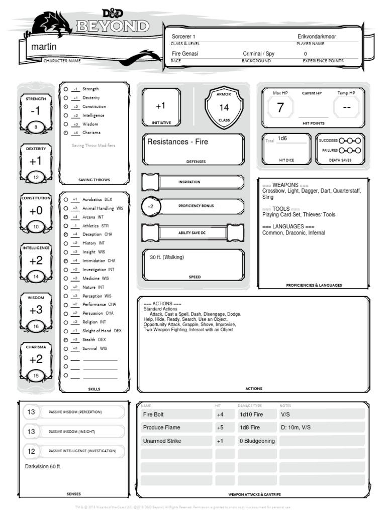 Dnd predrawn fire genasi sorcerer lvl1 download free pdf gary gygax