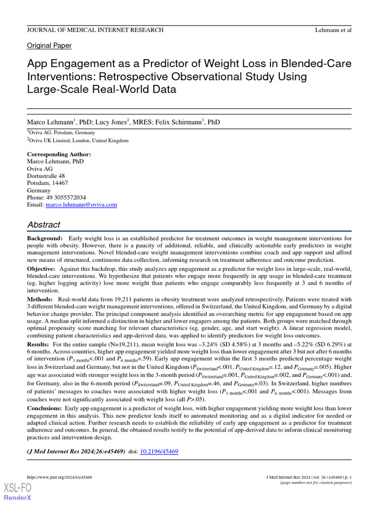 App Engagement As A Predictor of Weight Loss in Blended-Care ...