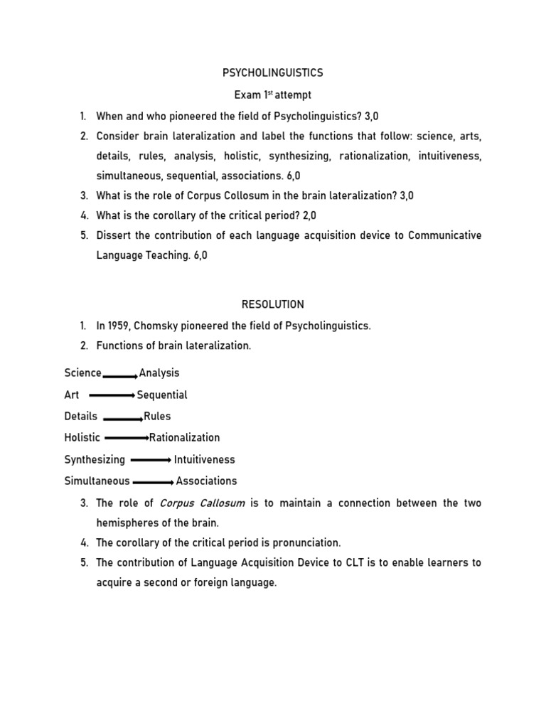 Psycholinguistics Exam Overview and Insights | PDF | Lateralization Of ...