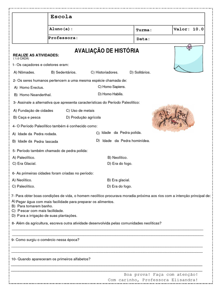AVALIAÇÃO HISTÓRIA 5º ANO - | PDF | Paleolítico | Idade da Pedra