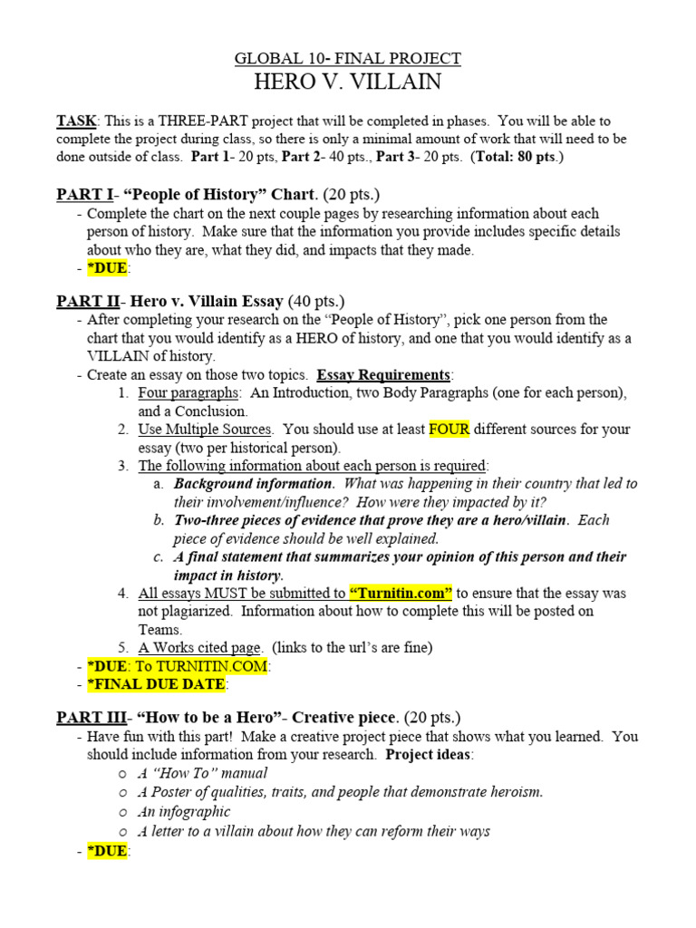 Hero vs. Villain History Project Guide | PDF | Essays | Information