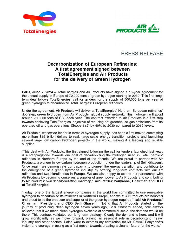 Totalenergies And Air Products Signed The First Long Term Agreement For