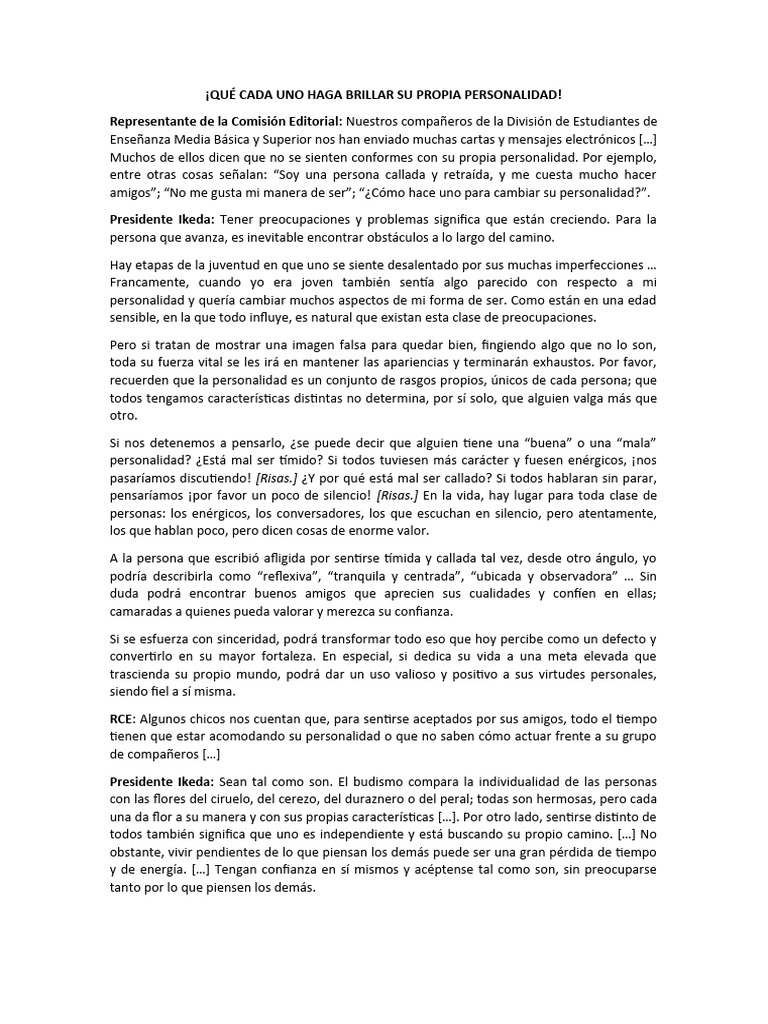 Qué Cada Uno Haga Brillar Su Propia Personalidad | PDF
