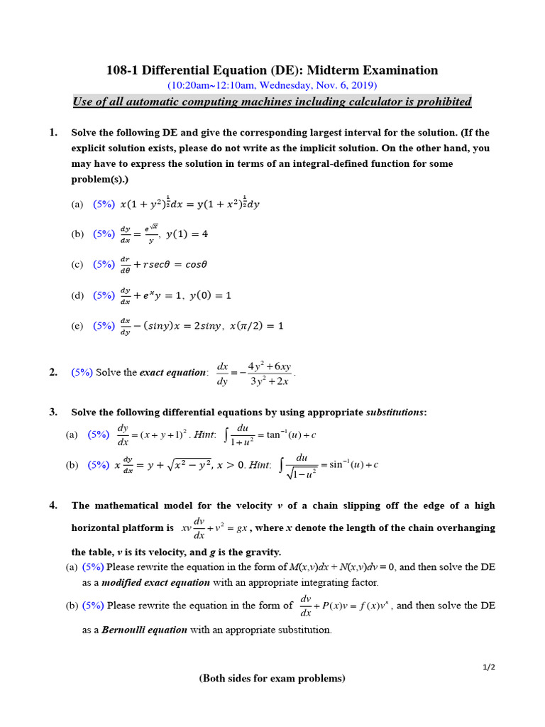 Differential Equations Midterm Exam | PDF | Equations | Physics