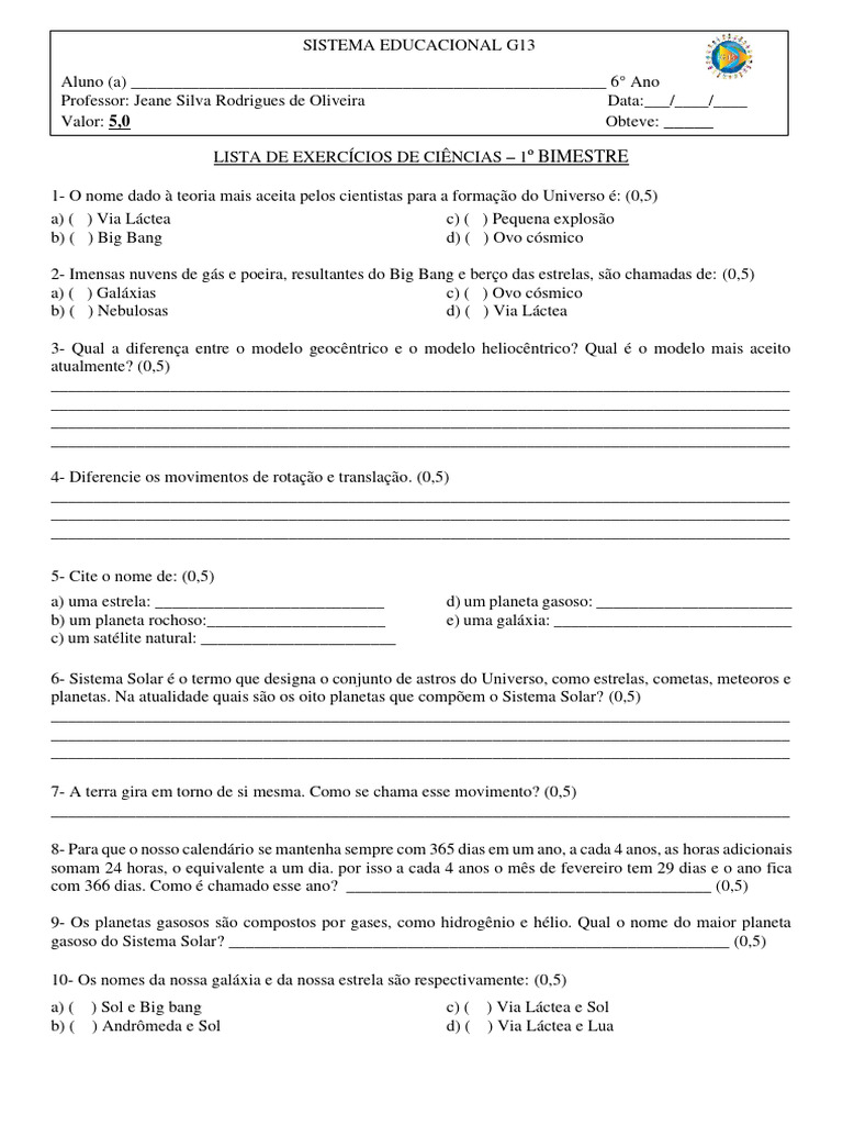 Exercícios de Ciências - 1º Bimestre | PDF | Universo | Cosmologia