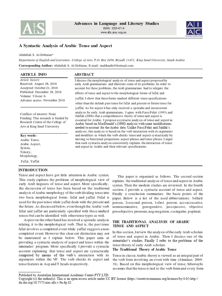 A Syntactic Analysis of Arabic Tense and | PDF | Grammatical Tense | Verb