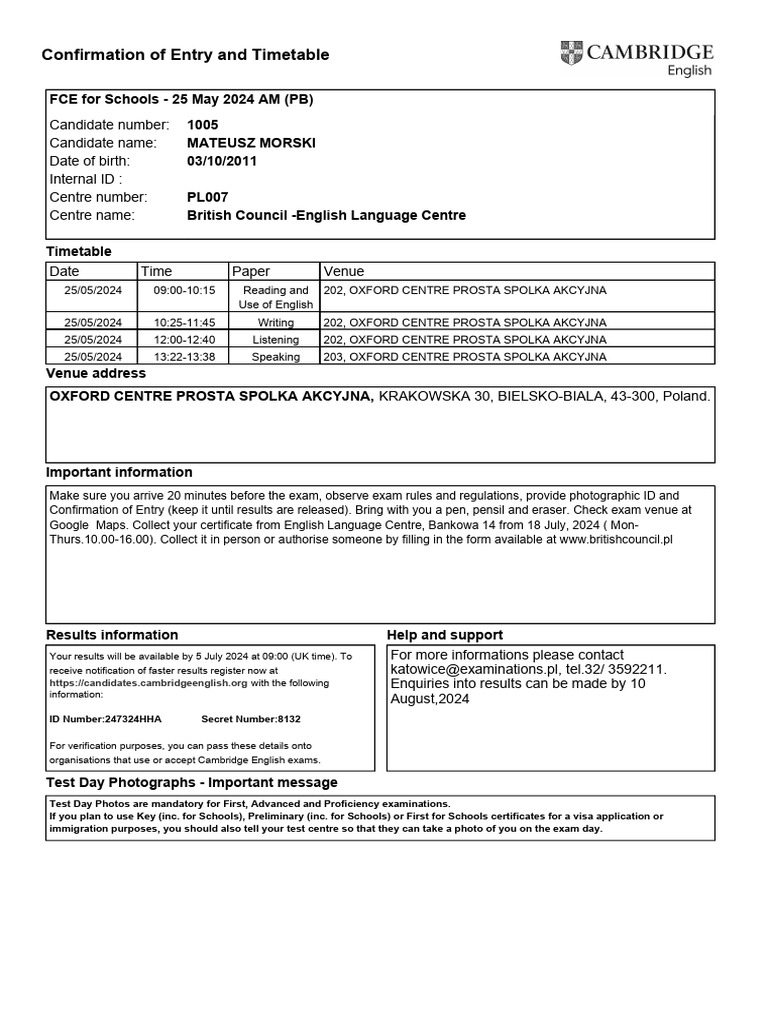 Cambridge Exam Confirmation Details | PDF | Qualifications