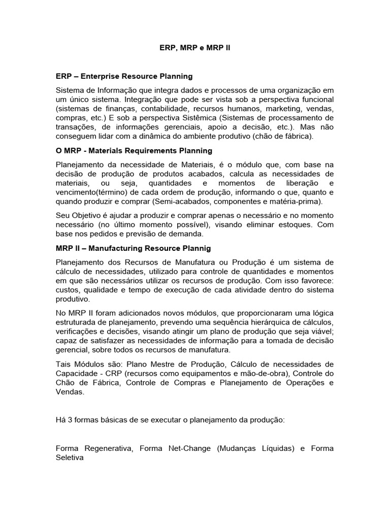ERP, MRP, MRP II e Plan Agregado Resumo | PDF | Planejamento de ...