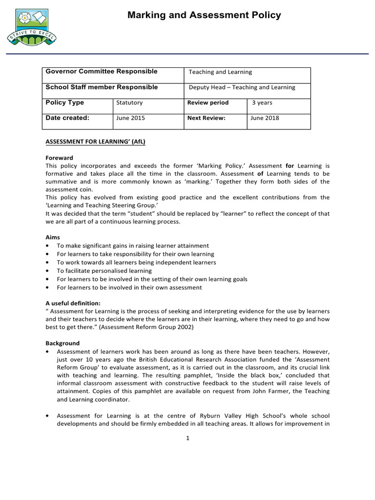 Marking And Assessment Pdf Educational Assessment Learning