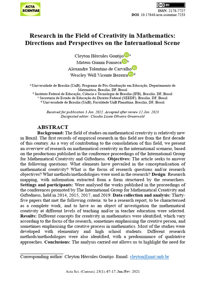 2023 - Research in The Field of Creativity in Mathematics - Directions ...