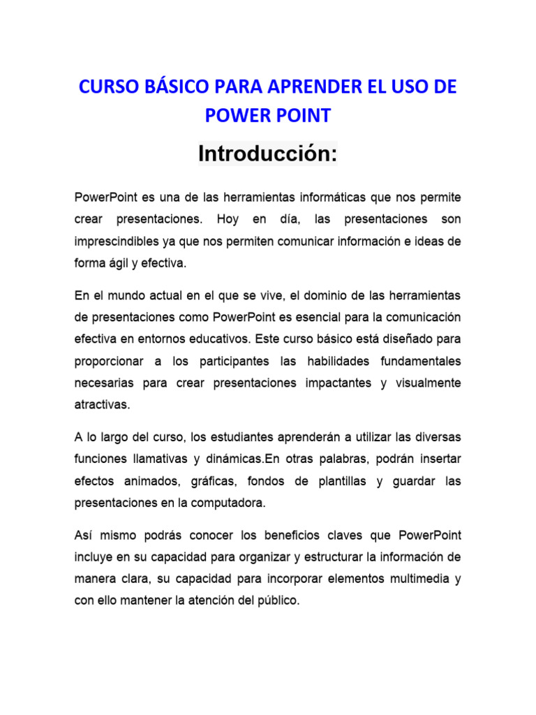 Curso Básico Para Aprender El Uso De Power Point Pdf Microsoft