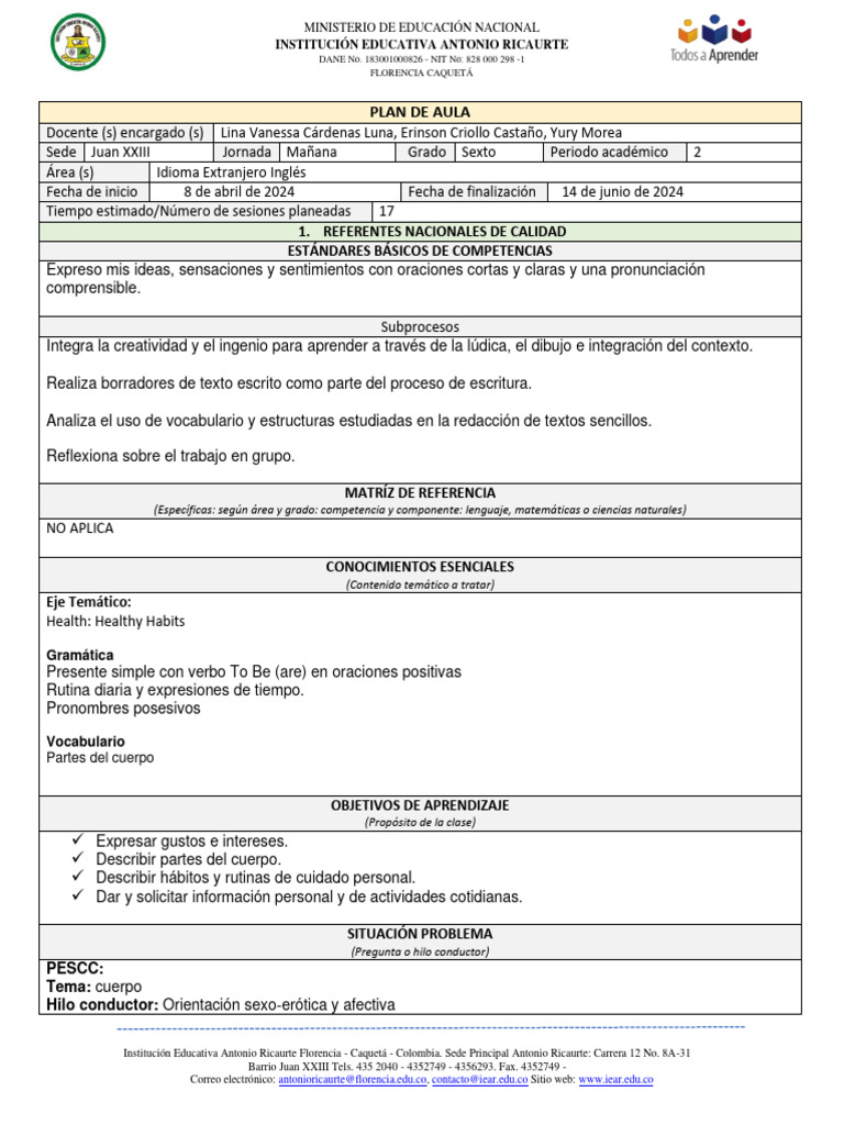 Grado 6° - PLAN DE AULA - Segundo Periodo | PDF | Evaluación | Lingüística