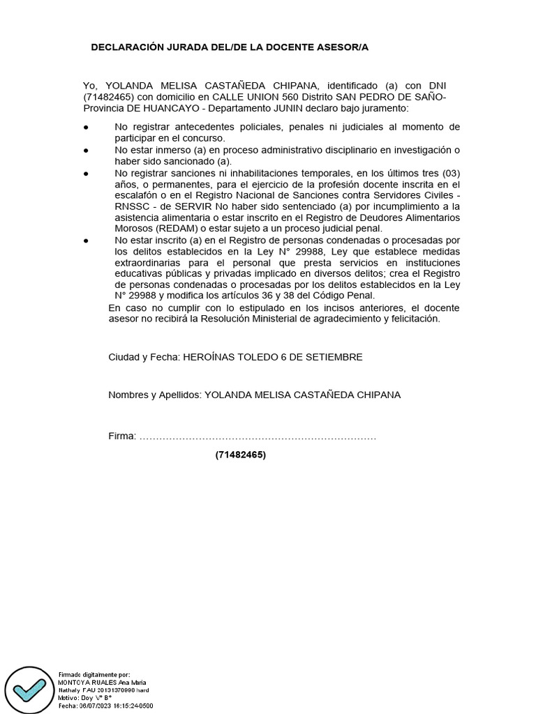 Declaración Jurada Del | PDF | Documento de identidad | Gobierno