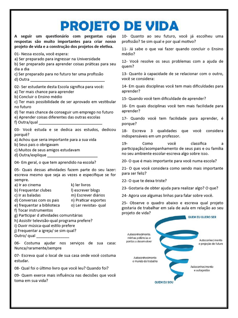 Questionário sobre Projeto de Vida 7º Ano | PDF