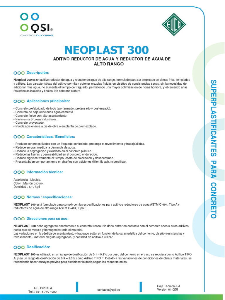 Neoplast 300: Aditivo Reductor de Agua | PDF | Hormigón | Cemento