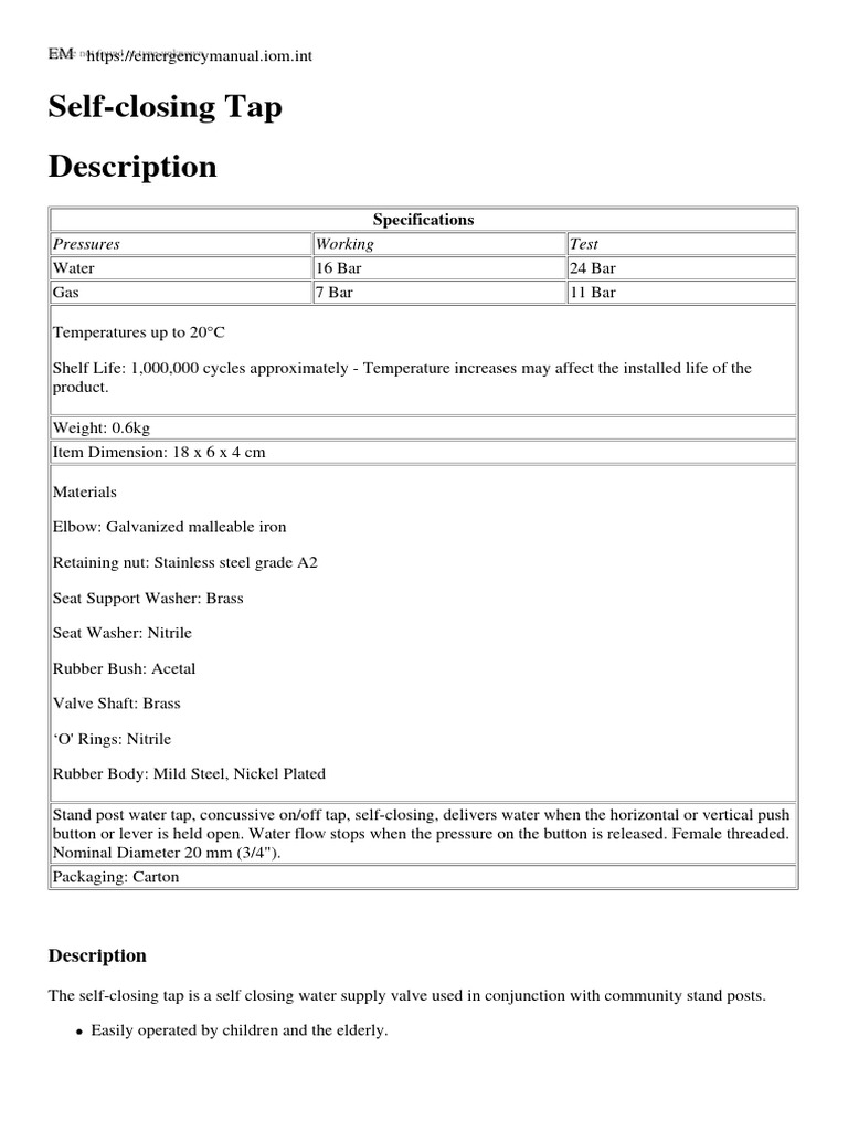 Self-Closing Tap Specifications & Features | PDF