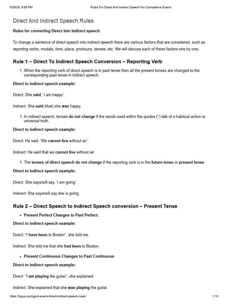 Direct and Indirect Speech Rules | PDF | Verb | Grammatical Tense