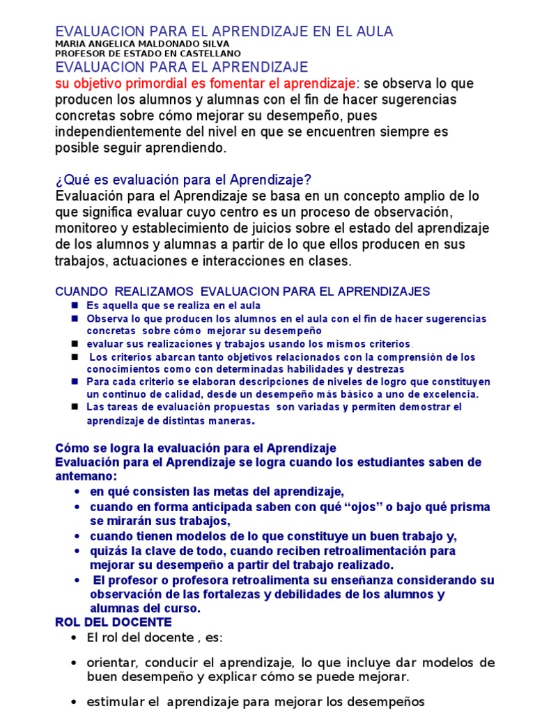 Evaluacion para El Aprendizaje en El Aula | PDF | Aprendizaje | Evaluación