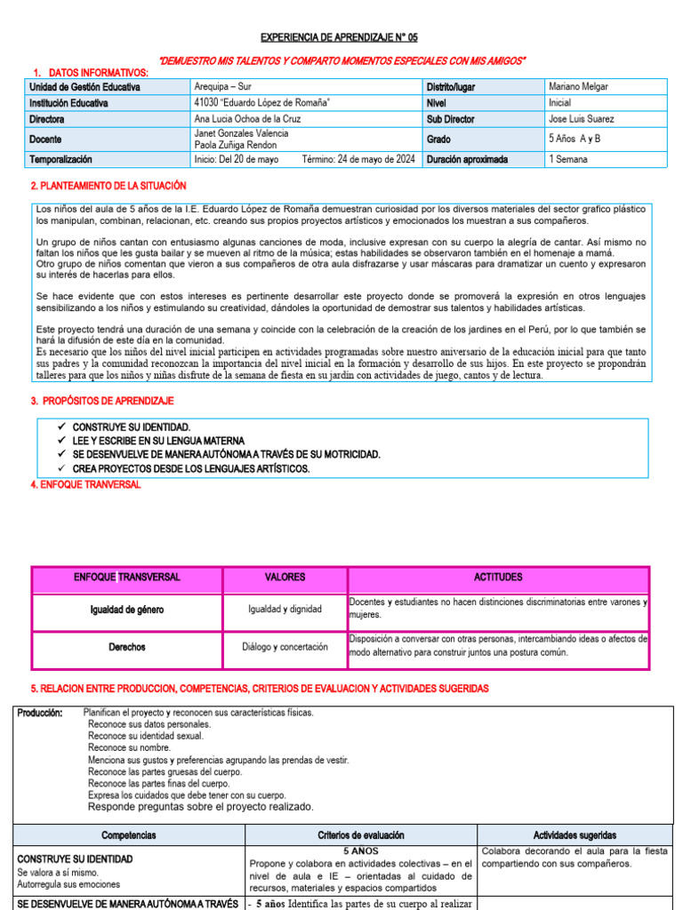 Experiencia de Aprendizaje N 5 2024 | PDF | Educación de la primera ...