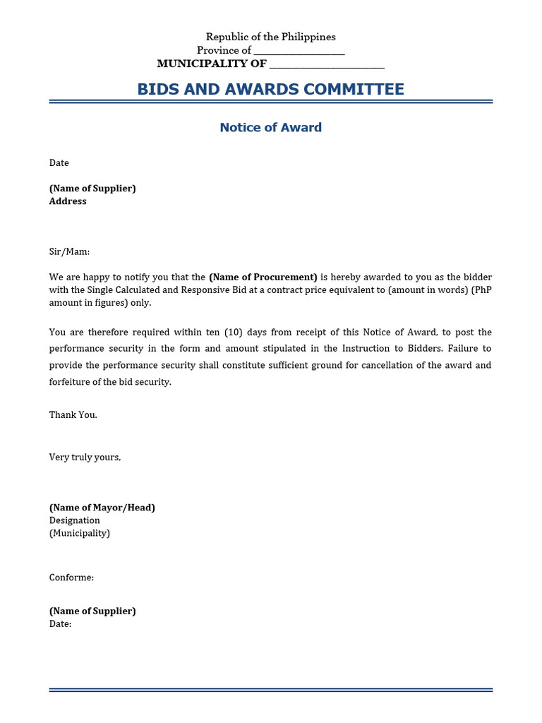 Notice of Award Template for Bids | PDF | Law